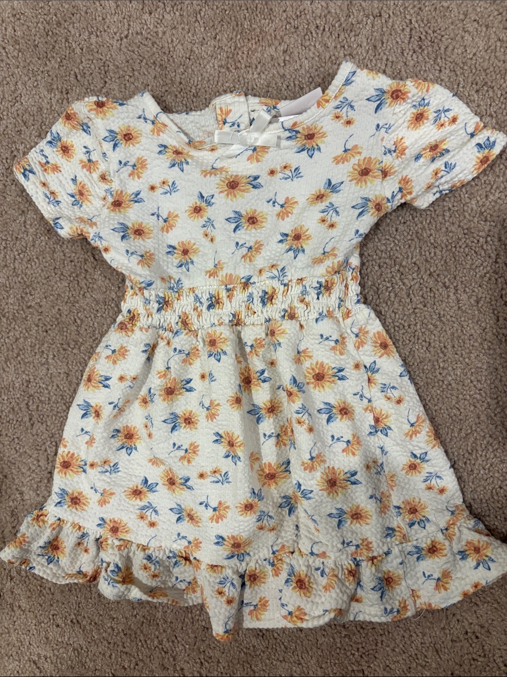 Little Lass White Dress with Yellow Floral Print and Blue Accents